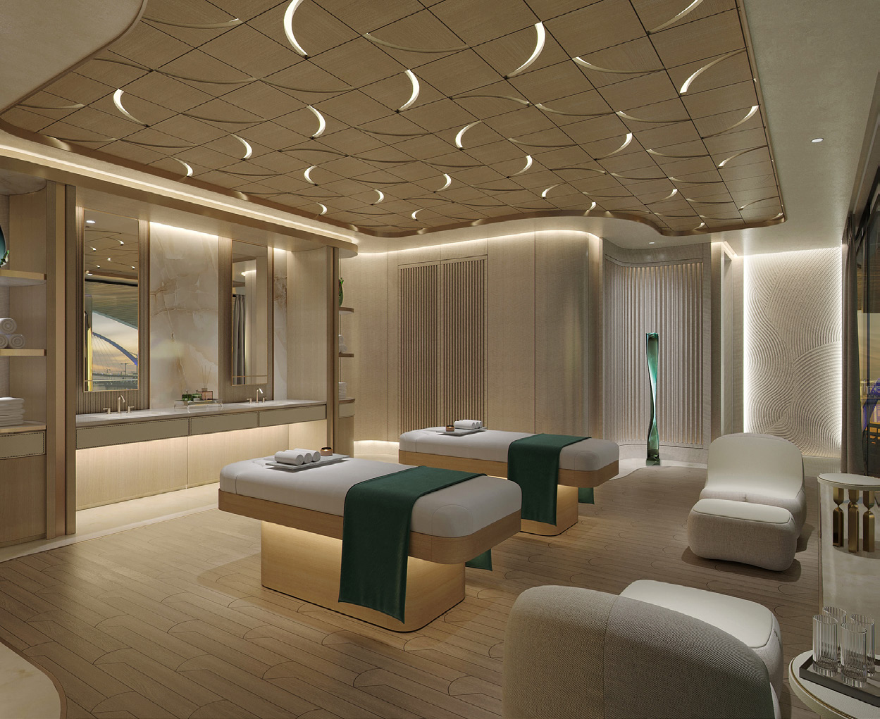Spa treatment room with two massage beds and a carved timber ceiling