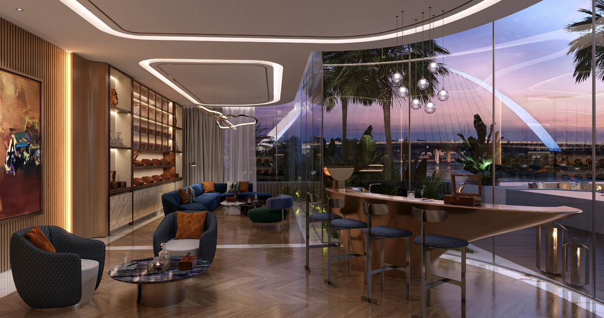 Cigar lounge with bar and armchairs, glass walls facing the canal bridge