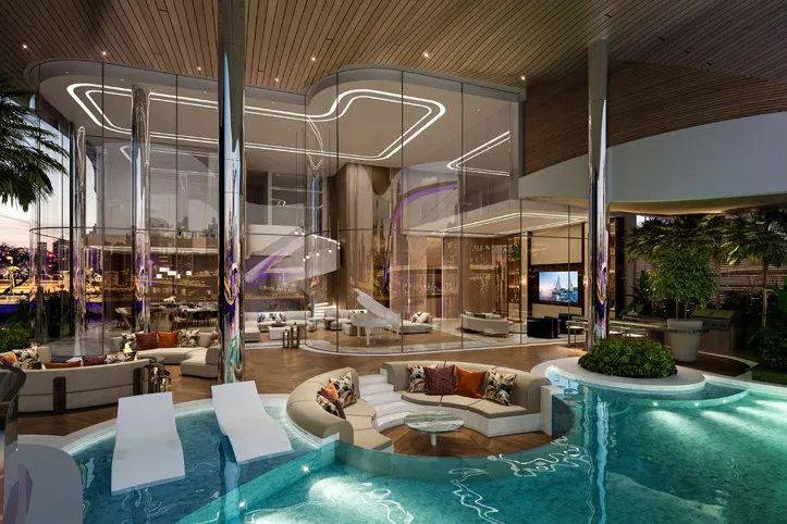 Private terrace pool with sunken seating beside a glass-walled living room