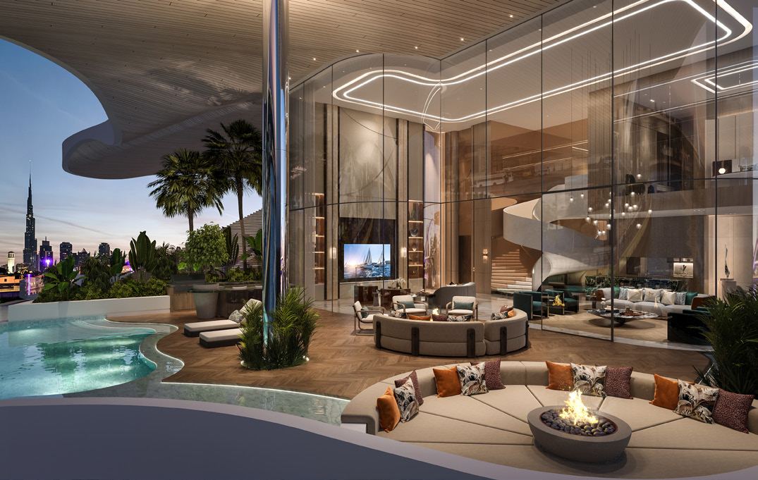 Terrace with fire pit seating, pool and spiral staircase behind glass