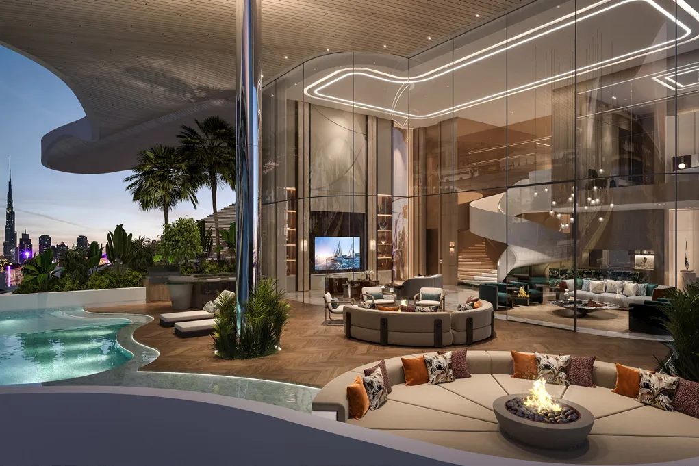 Terrace with fire pit seating, pool and spiral staircase behind glass