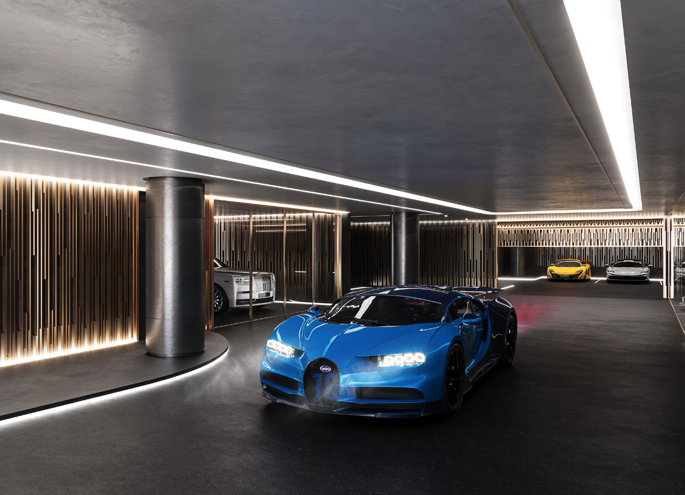 Underground garage lit with timber panels, a blue supercar in front