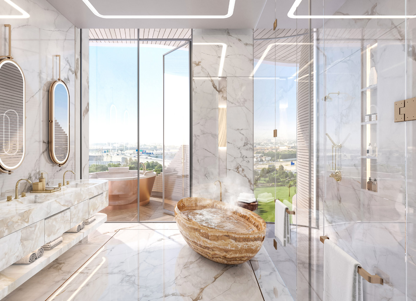 Marble bathroom with onyx bathtub, glass shower and views over greenery