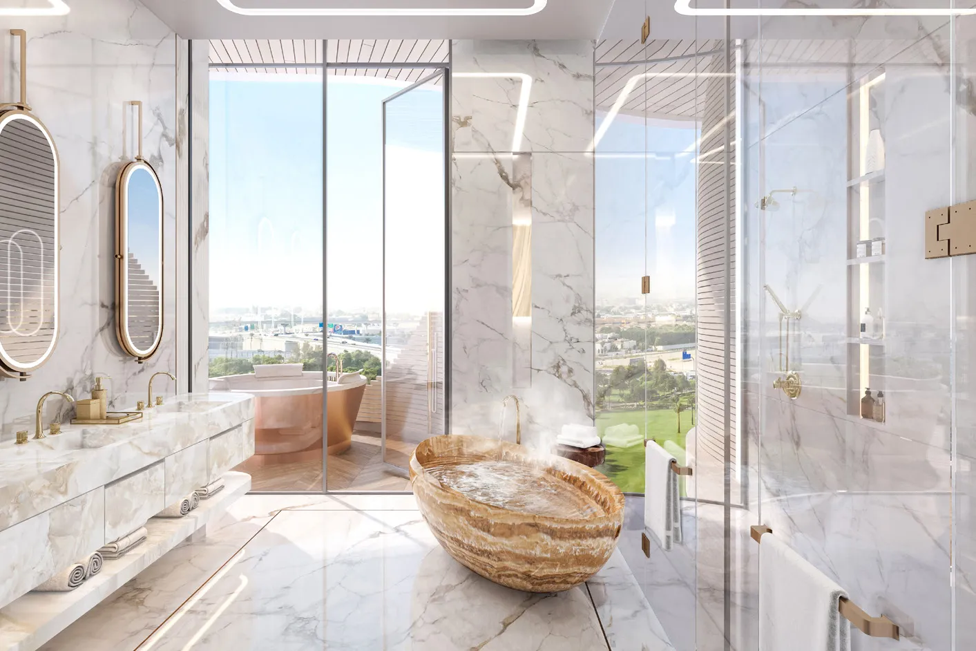 Marble bathroom with onyx bathtub, glass shower and views over greenery